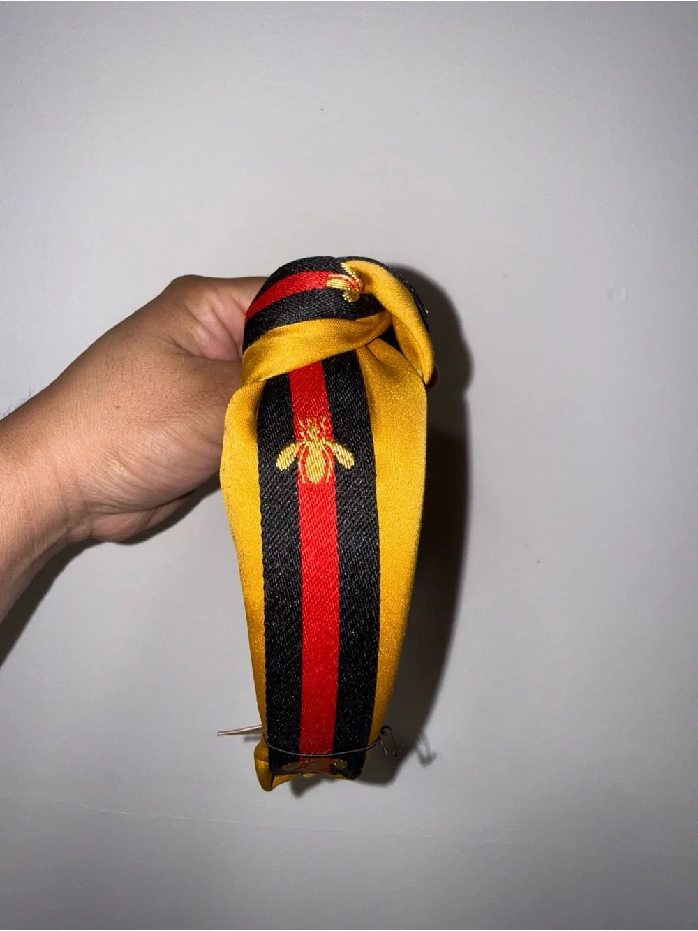 Knotted Stripe Headband with Embroidered Bee - Yellow, Black & Red